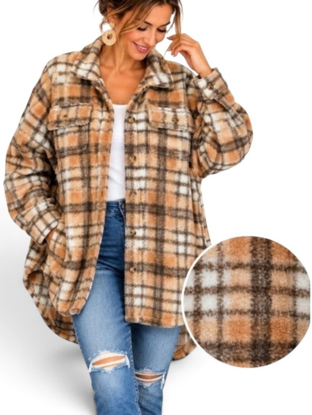 AnnieWear Fuzzy Plaid Jacket XL Oversized Teddy Cabincore Granola Girl